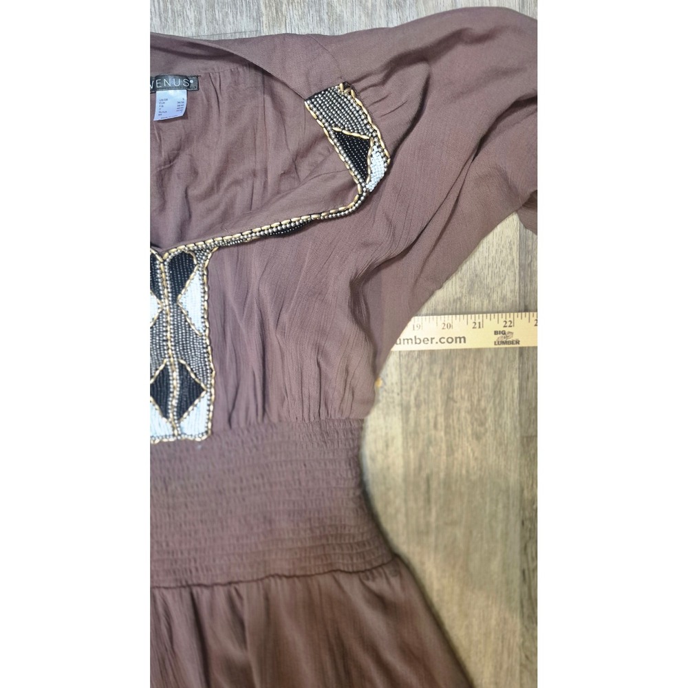 Venus Brown Boho Beaded V-Neck Smocked Waist Ruffle Hem Mini Dress Womens Small - Picture 10 of 15